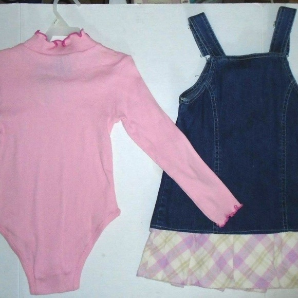 2 Pc Pink Bodysuit & Overalls Blue Denim Dress Set - Picture 6 of 6